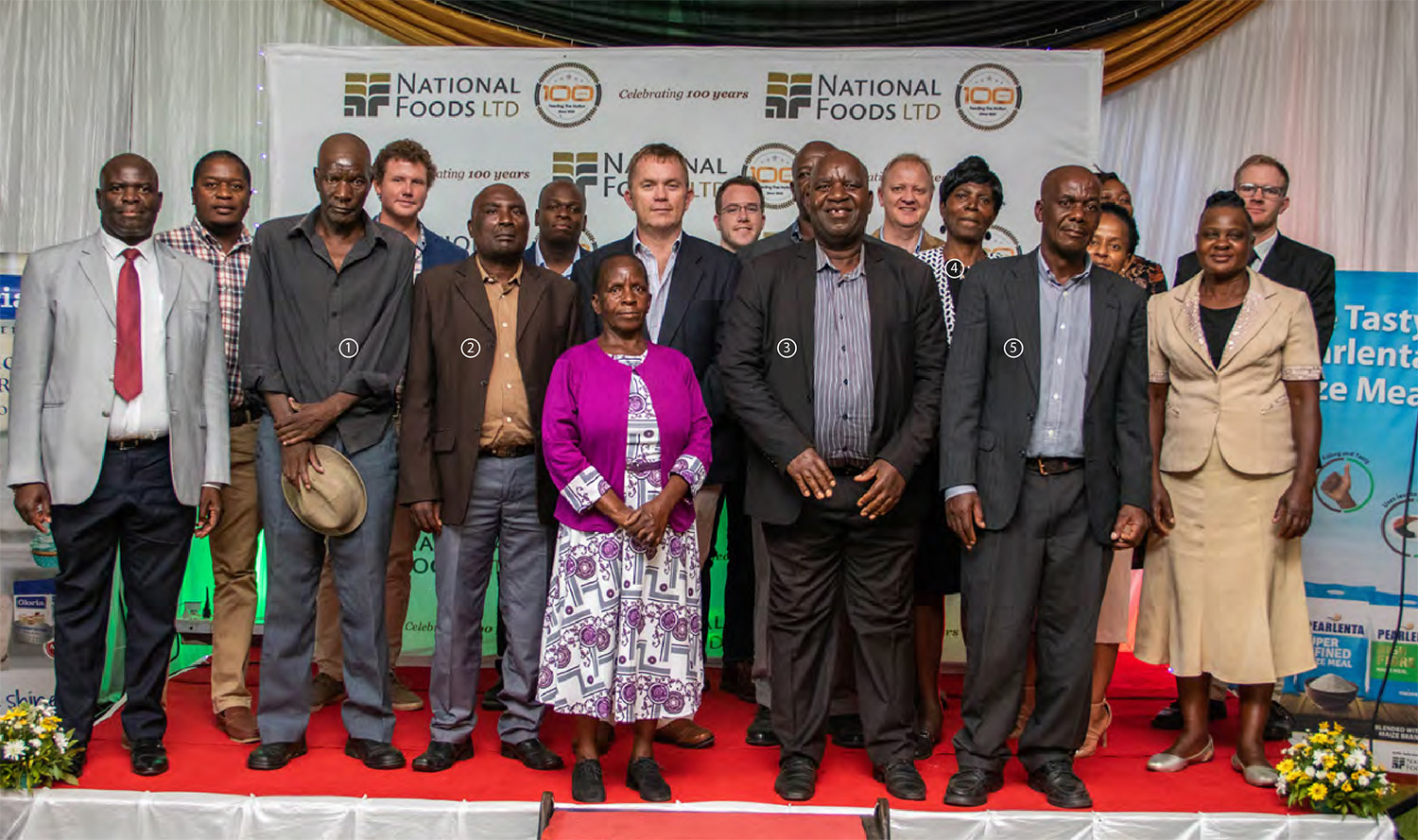 sust06 National Foods Long Service Awards from left to right
(1)Needmore Nyika (40 years), (2)Barnabas Tekeshe (41 years), (3)Rueben Meya (40 years), (4)Loyce Nyikadzawanda (41 years) and (5)Philemon Mugure (40 years)