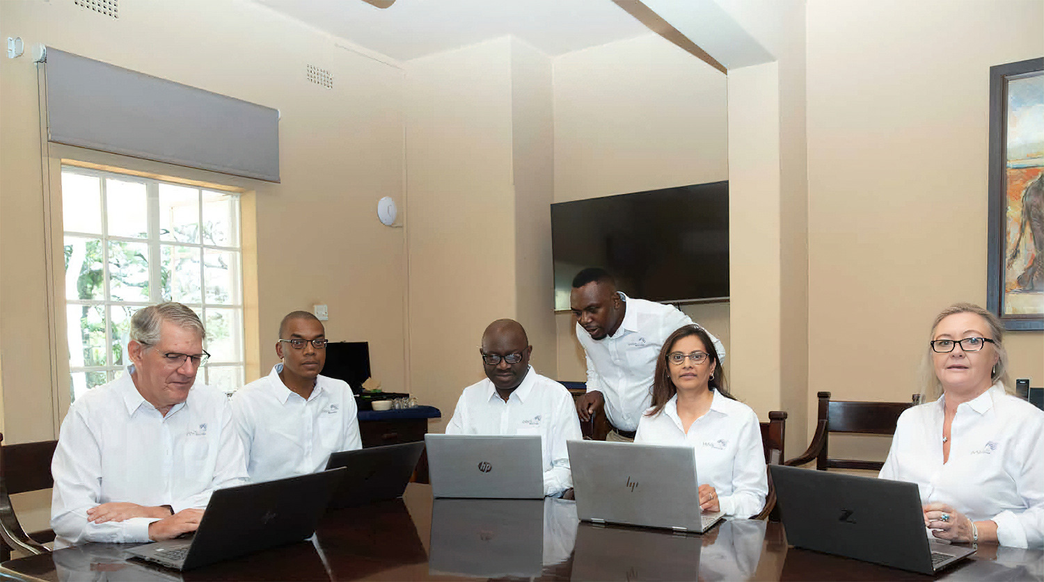 Corporate2023-02 IAL Head Office Executive Management Team:
Left to right: Andrew Lorimer - Group Company Secretary,
Raymond Nyamuziwa - Group Treasurer, Ronald Gumbo - Group Tax Officer
Kudakwashe Nyakatsare - Group Finance Executive, Priti Da Silva - Group Services Executive &
Tracey Stephens - Personal Assistant to Executives & Office Administrator